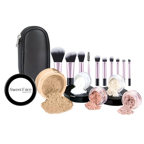 16pc STARTER KIT with 10 BRUSHES SET (WARM) Mineral Makeup Bare Face Loose Powder Includes Matte Foundation, Veil Primer, Blush, Bronzer, Translucent Finishing Setting Powder SPF 30 Travel Size