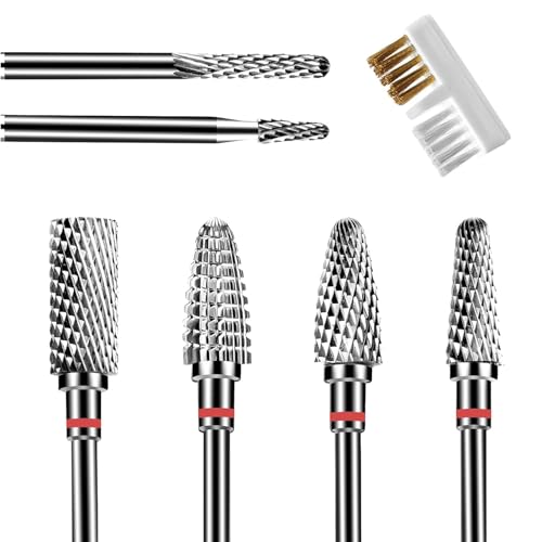 6Pcs Nail Drill Bits Set Professional, 3/32'' Electric Nail Drill Bits for Acrylic Gel Nails, Cuticle Nail Drill Bit Quick Gel Polish Remover Manicure Pedicure Tools with Cleaning Brush (Red)