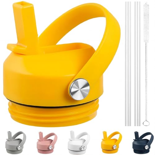 Straw lid for Yeti Rambler 18 26 36 64 oz, Lid with Straws and Flexible Handle, Replacement Cap for Yeti 18oz 26oz 36oz 64oz Rambler Water Bottle Straw Cap, Alpine Yellow