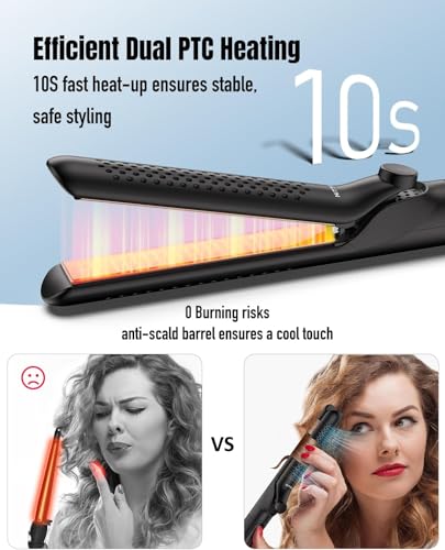 360° Airflow Styler Curling Iron, 2 in 1 Hair Straightener and Curler with Vented Cool Air to Lock in Style, 1.25 Inch Extra Long Flat Iron Curling Iron in One, Dual Voltage for Travel, LCD Display