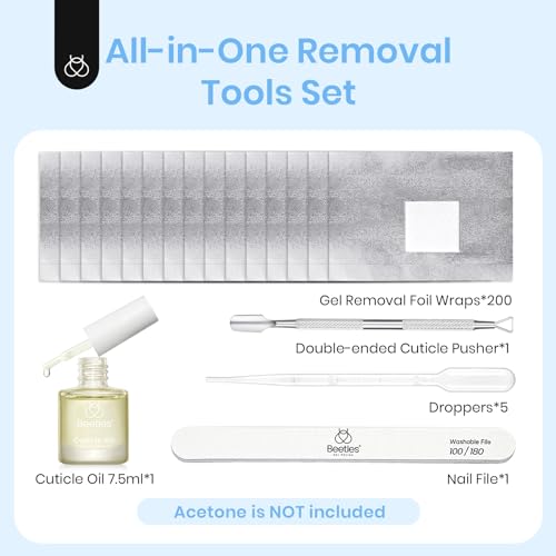 Beetles Gel Polish Remover Nail Foil Wraps 200Pcs, Nail Gel Removal Tool for Soak Off Gel Polish with Thicken Large Cotton Pad, Cuticle Oil & Cuticle Pusher, Droppers for Manicure Care