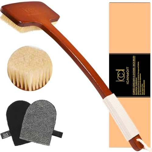 Exfoliation Set-17.71 Inch Boar Bristles Back Scrubber Bath Brush,Shower Brush with No-Slip Curved Handle,Dual-Sided Face Exfoliation Glove