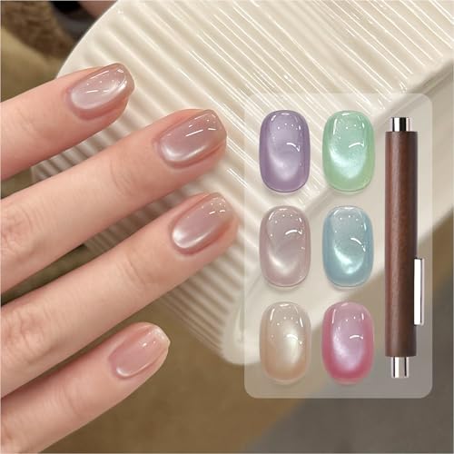 GAOY 16ml 6 Colors Cat Eye Gel Nail Polish Set with 3-in-1 Magnet, Sheer Pink Blue Green Holographic Gel Polish, UV Light Cure Manicure for Salon and Nail Art DIY at Home, Dreamy Crystal