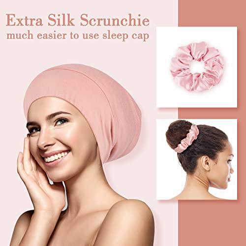 LULUSILK Mulberry Silk Bonnet for Sleeping Women, Real Silk Sleep Cap for Curly Hair and Braids, Pure Head Wrap with Scrunchies, Pink