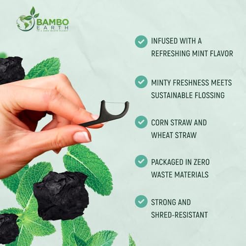 Natural Dental Floss Picks - Eco Friendly Cruelty Free & Vegan Tooth Flossers Pick Set with BPA Free Handle & Zero Waste Packaging - 200 Pack (Bamboo Charcoal Flavored)