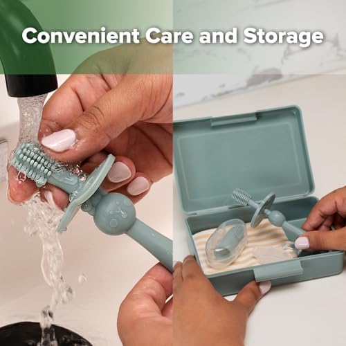 haakaa Training Toothbrush Set Oral Care Kit, Soft Silicone Toothbrush for Baby, Infants, Toddlers & Kids, Pea Green