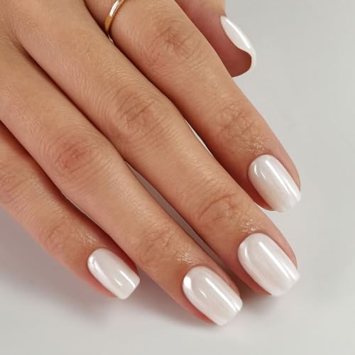 Pearl White Press on Nails Short - Soft Gel Chrome Press on Nails Square for Women Gift, Glossy Glue on Nails in 16 Sizes - 32 Reusable Fake Nails with Glue, Pearl White