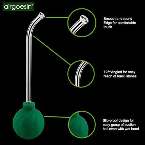 Airgoesin 3-In-1 Tonsil Stone Removal Remover Kit, Tonsil Stone Vacuum Suction Kit, Long Tonsil Stone Stainless Steel Pick 18cm/ 7” with Protection Cap, Curved Oral Irrigation Syringe 12ml with Scale