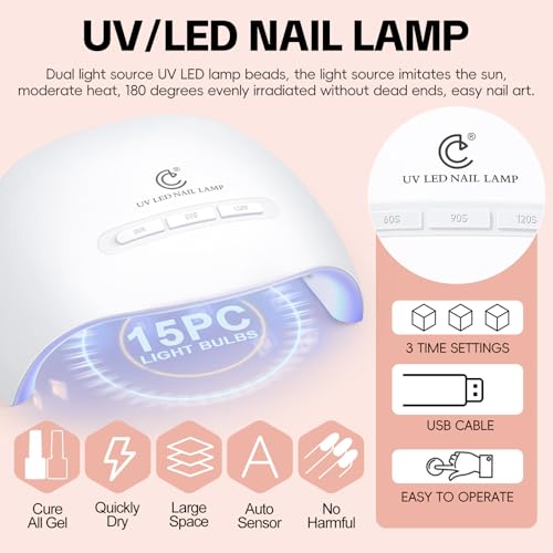 COSCELIA Gel Nail Polish Kit with U V Light, 15 Colors Nude Pink Yellow Orange Green Purple Gels Polish Set 3Pcs Poly Nail Gel Glossy/Matte Top Base Coat Manicure Tools for Women Home Salon DIY