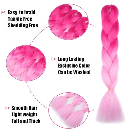 Ombre Braiding Hair (Pink/Light Pink)3pcs Jumbo Braiding Hair Extension For Box Braids Twist 24 Inch Hot Water Seal Real Soft