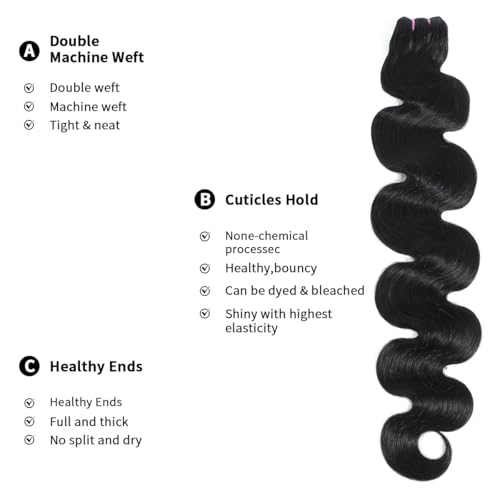 15A Raw Human Hair Bundles 18 20 22 24 Inche Body Wave Human Hair,Triple Lifespan Indian Virgin Hair,No Tangle Shedding,Multiple Washes Keep Texture Silky Soft