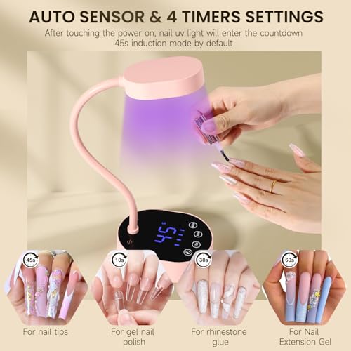 AORAEM UV Nail Lamp, Gooseneck Mini U V Light for Gel Nails, 36W Rechargeable LED Flash Cure Lamps with 4 Timers & Auto Sensor, Quick Dry Professional Nail Dryer for Salon Home DIY Use, Pink