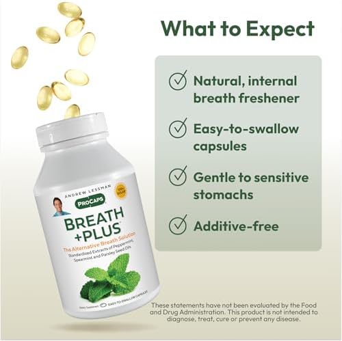 ANDREW LESSMAN Breath Plus 60 Softgels - Natural Breath Freshener, Helps Eliminate Odors from Food, Smoking, Morning Breath from The Inside Out. Peppermint, Spearmint. Easy to Swallow Softgels