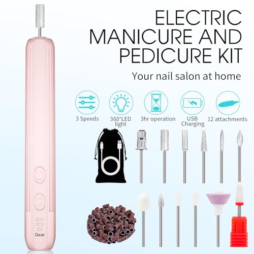 Electric Nail Drill, Professional Manicure Pedicure Kit, Cordless Electric Nail File Set, Rechargeable Pedicure Tools for feet, 3 Speeds Hand Foot Care Nail Drill for Thick Nail Toenail Cuticle