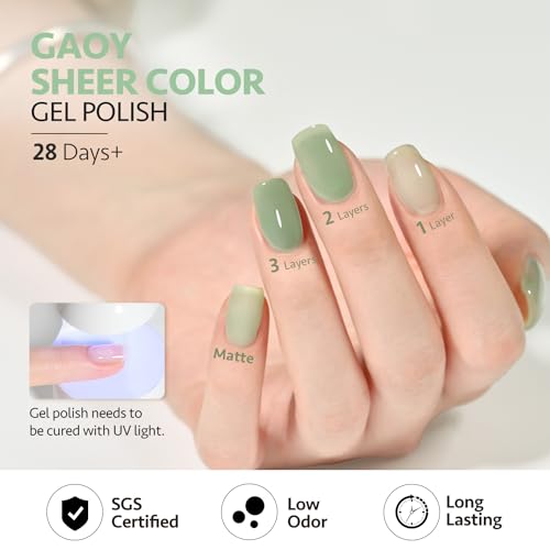 GAOY Jelly Green Gel Nail Polish Set, 6 Transparent Colors Sheer White, UV Light Cure Gel Polish for Salon and Nail Art DIY at Home