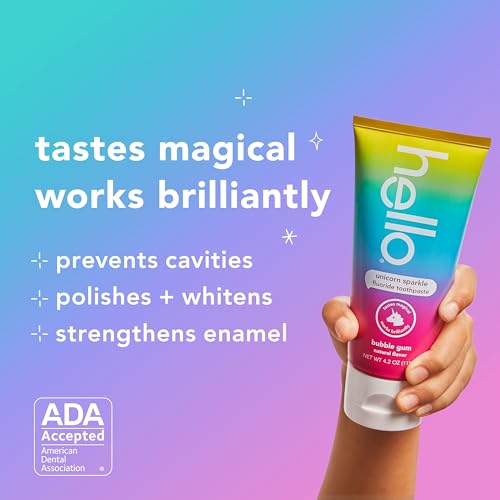 hello Unicorn Sparkle Kids Fluoride Toothpaste, Natural Bubble Gum Flavor, ADA Approved, Ages 2+, No Artificial Sweeteners, No SLS, Gluten Free, Vegan, Pack of 3, 4.2 oz Tubes