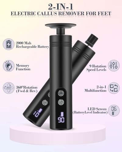 2 in 1 Electric Foot Callus Remover, 9 Speed Adjustable Foot Sander with LED Display, Electric Foot Grinder with 2000 mAh Rechargeable Battery, for Callus Removal, Replaceable Sandpaper Discs (Black)