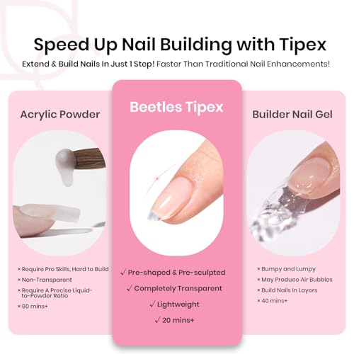 Beetles Tipex Instant Apex Nail Tips Kit, Almond Short 224Pcs 16 Sizes Pre-Building & Pre-Etched Thicker Acrylic Nails False Nail Extension with Tipex Uv Nail Glue Mini Nail Lamp