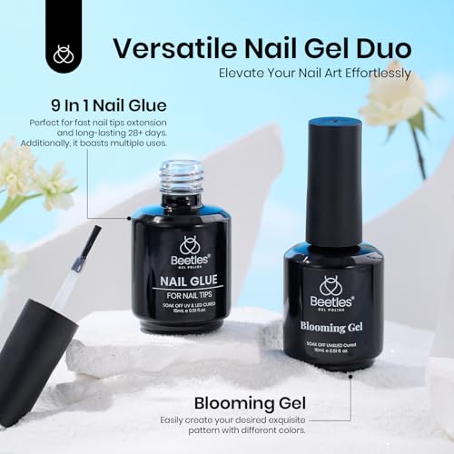 Beetles Blooming Gel and Nail Glue Set - 2Pcs 15ml Nail Art Gel for Blooming Marble Effects and Strong Nail Tips Bonding, Nail Supplies for DIY Manicure at Home or Salon
