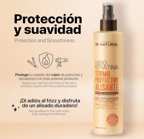 Be Natural Lisso Keratina Heat Protectant Spray for Hair Smoothing, Sulfate-Free, 8.45 fl oz. Termoprotector alisante