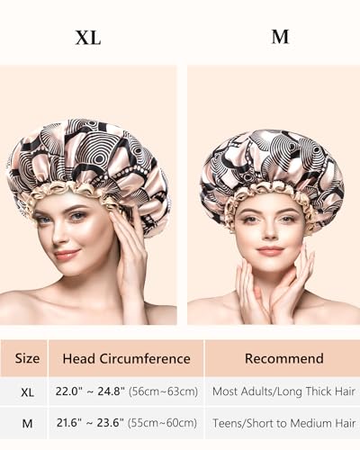 mikimini Champagne Large Shower Caps Pack of 2, Shower Cap for Women Long Hair with Black Lace, Reusable Waterproof Shower Hat for Girls