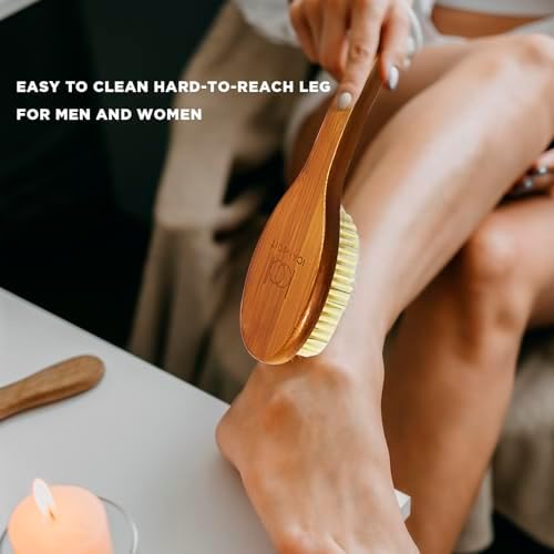 ICANdOIT-17.71Inch Natural Boar Bristles Anti-Slip Curved Long Handle Bath Brush,Bent Handle Shower Scrubber for Exfoliating,Shower Back Brush