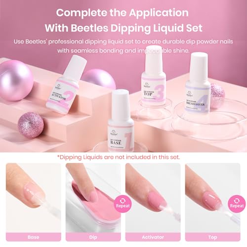 Beetles Dip Powder Nail Kit, 6 Colors Pink White Purple Powder Dipping Set Spring Colors for All Seasons, Blue Pink Glitter DIY Art Manicure No Need Nail Lamp Cured Gifts for Women