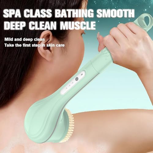 Electric Body Brush, Electric Shower Scrubber, Long Handle Body wash applicator, Silicone Back Brush, 6 Shower Brush Heads ，for Cleaning, Massage and Exfoliation (Light Green)
