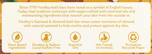 Yardley Oatmeal and Almond Bar Soap, Oatmeal & Almond, 4 Ounce (Pack of 4)