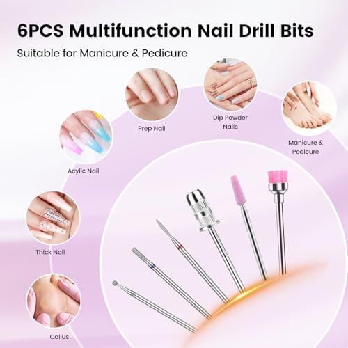 Lavinda Professional Nail Drill 35000 RPM – Cordless Electric Nail File Kit with Heart Display, Rechargeable E File Machine with 6 Bits, Quiet Nail Drill for Acrylic Gel Nails, Home & Salon-Pink