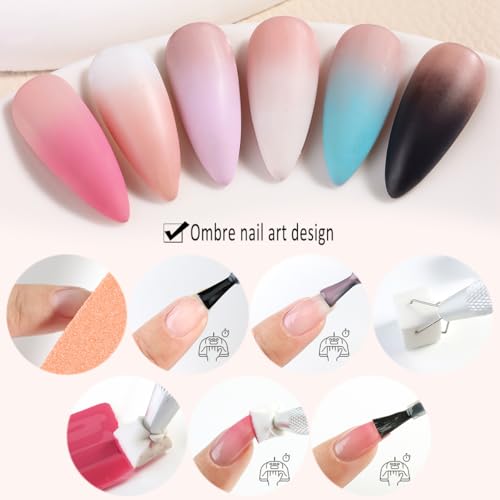 Ombre Gel Nail Polish Kit, 6PCS Colorful Painting Nail Gel Black White Pink Paint Gel for Nails Gradient Design Soak Off UV Pastel Nail Polish Set with Ombre Sponge Nail Brush French Tip Guide