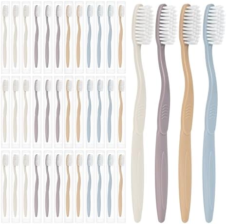 40-Pack Individually Wrapped Toothbrushes with Tongue Scraper | Bulk Soft Bristle Toothbrush Set for Adults, Travel-Friendly Disposable Toothbrushes for Hotels, Dental Offices(Multi-Colored)