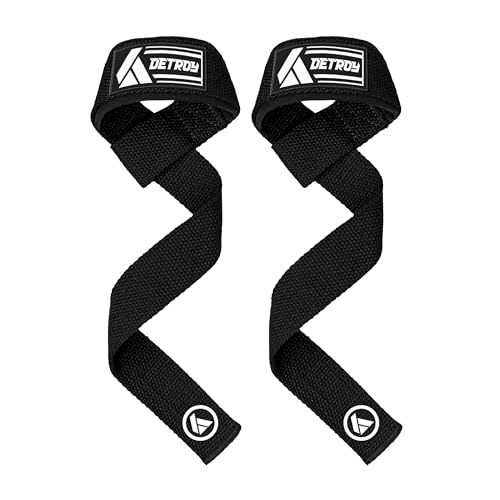 Detroy® Lifting Wrist Straps for Weightlifting, Deadlifts, Bodybuilding, Powerlifting, Gym Strength Training Workouts - Padded Neoprene with 24 inch Webbing Cotton with Silicone Grip for Men & Women (Black)