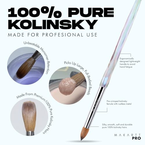 Kolinsky Crimped Acrylic Nail Brush for Acrylic Powder and EMA Monomer Application, Made for Professional Nail Technicians and Beginner Nail Students, Size #12