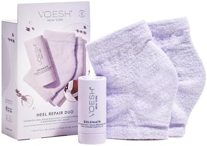 VOESH Heel Repair Duo, Solemate Heel Repair Balm & Moisturizing Heel Socks, Cracked Heel Stick Balm, Foot Care for Men & Women, at-Home Foot Care, Fuzzy Heel Socks, Toeless Spa Socks - Lavender
