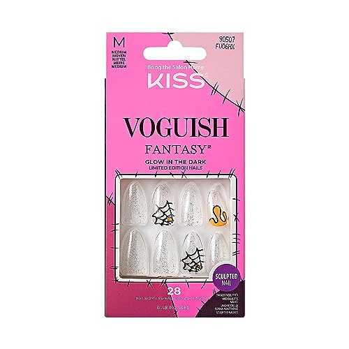 KISS Voguish Fantasy Halloween Nails, Black, Medium Length, Almond Shape, Pink Gel Nail Glue (2g), Mini Nail File, Manicure Stick, & 28 Fake Nails