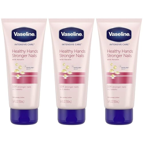 Vaseline Lotion, Healthy Hands Stronger Nails with Keratin 3-Pack – Intensive Care Hand Lotion with Petroleum Jelly, 3.4 Oz Ea