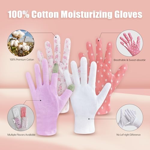 12 Pairs Premium 100% Cotton Gloves, Dry Hands & Eczema, Overnight Lotion & Spa Treatment for Women & Men, Reusable | White Floral Dots