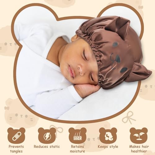 Lolalet Kids Bonnets for Girls, Adjustable Silk Baby Bonnet for Curly Hair Toddler Satin Cartoon Bonnet Cap with Elastic Band -Bear