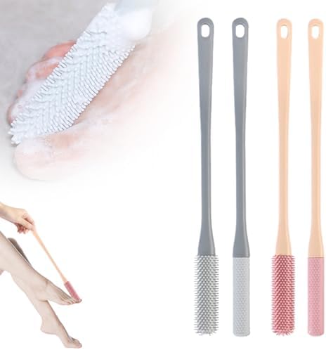 Toe Gap Cleaning Brush, 2025 New Silicone Long Handle Silicone Toe Gap Brush, 15.7" Foot Brushes for Shower, Foot Wash with Soft Exfoliating Brushes (Pink+Grey)