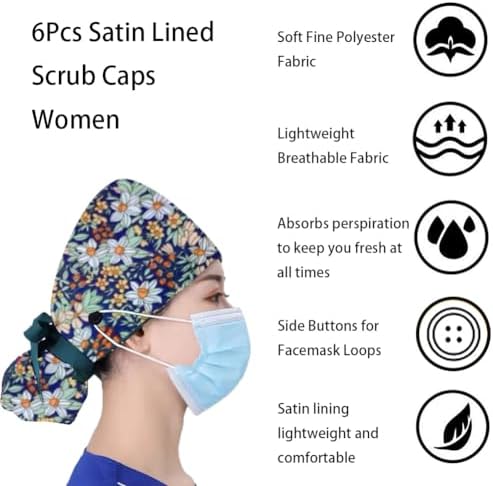 6Pcs Satin Lined Scrub Caps Women Ponytail, Adjustable Surgical Caps for Women, Scrub Hats, Nurse Cap, Nurse Surgical Hat with Button and Sweatband, Elastic Ponytail Pouch Tie Back