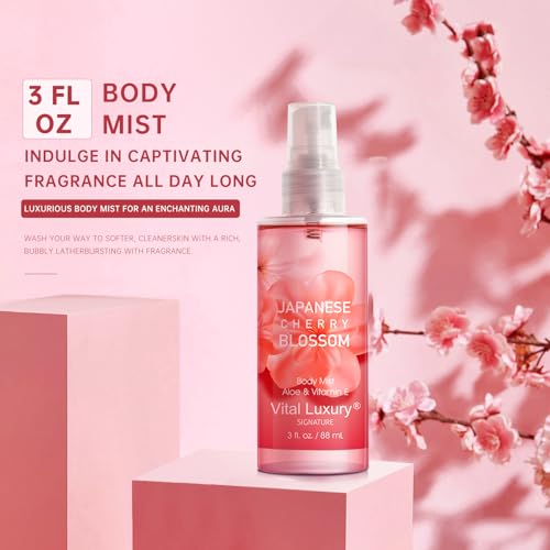 Japanese Cherry Blossom Bath and Body Gift Set, Gel, Lotion, Mist, Travel Size Spa Set,With Natural Extracts-Body Care kit for Birthday Mother's Day Chirstmas Gifts