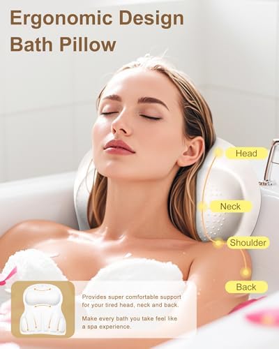 Bath Pillows for Tub, Bath Pillow Luxury Bathtub Pillow for Head and Neck Support, 4D Silicone Bath Tub Pillow with 35 Non Slip Suction Cups, Bath Accessories Spa Gifts for Women Men, White