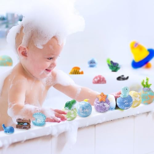 12Pack Ocean Animals Bath Bombs for Kids with Toys Surprised Inside, Organic Natural Bubble Bath Fizzy More Decorations for DIY Fish Tank Birthday Ideal Set for Girls Boys Toddlers