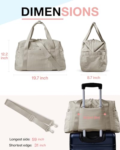 BAGSMART BAGSMART Gym Bag for Women, Carry on Weekender Overnight Bag, Travel Duffel Bags with Trolley Sleeve, Personal Item Travel Bag Tote Bag Workout Dance Bag, Beige-34L