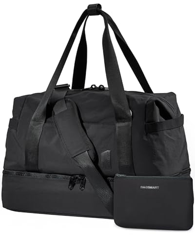 Weekender Bags for Women, BAGSMART Travel Duffel Bags with Shoe Compartment,Personal Item Travel Bag for Airlines, Carry on Overnight Tote Bag with Toiletry Bag (Black)