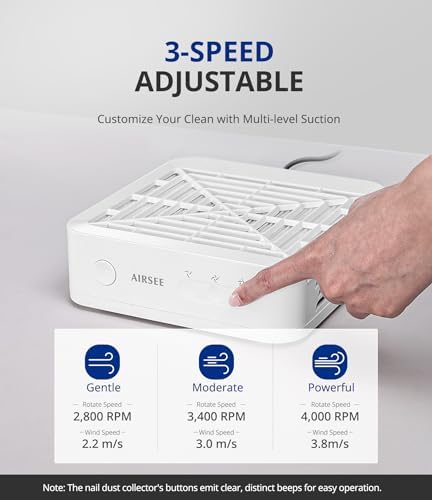 AIRSEE GD3 Powerful Nail Dust Collector, Professional Manicure Pedicure Vacuum for Acrylic Gel Nail Polishing with Reusable Filter, Home & Salon, White