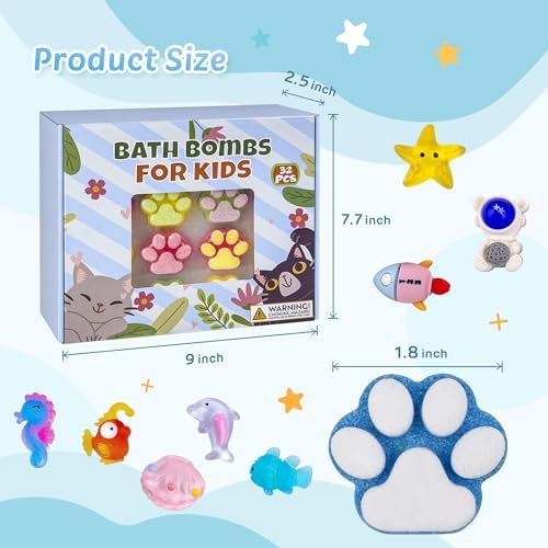 Bath Bombs for Kids with Surprise Inside, 32 Pack Paw Bath Bombs with Toy, Ocean Animals and Space Planet Toys SPA Fizzy Handmade Natural Bath Bomb Gift Set at Christmas, Birthday