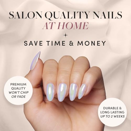Glamnetic Press On Nails - Entranced | Short Almond White Holographic Fake Nails, Semi-Transparent, Reusable | 15 Sizes - 30 Nail Kit with Glue