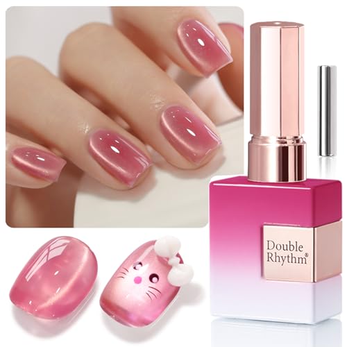 Double Rhythm 0.5 Oz Cat Eye Gel Polish with Magnet Same Color Same Bottle Holographic Glitter Shimmer Translucent Color Salon Soak Off Magnetic Nail at Home (Rose Pink-MC1182)